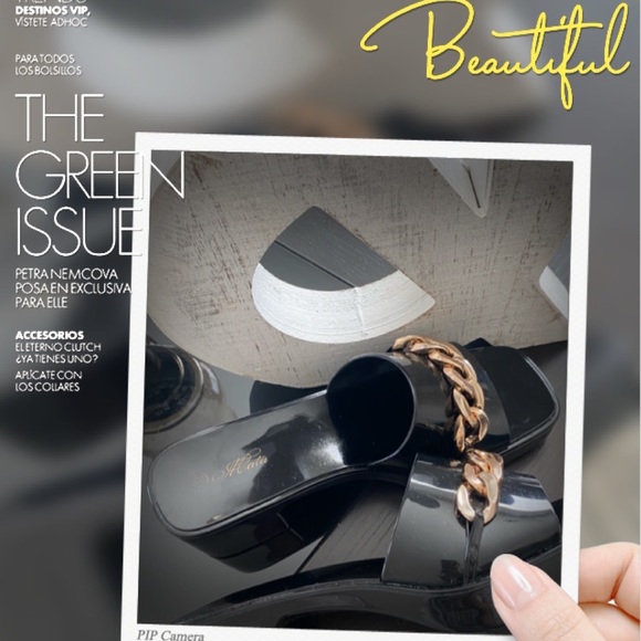 Black Patent Leather Look Slides/Mules w/Gorgeous Gold Chainlink Hardware Detail - Picture 7 of 16